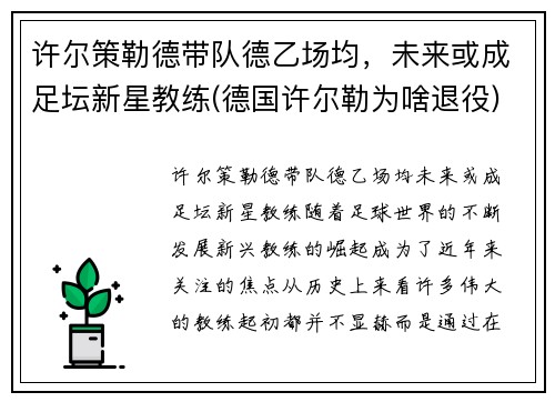 许尔策勒德带队德乙场均，未来或成足坛新星教练(德国许尔勒为啥退役)