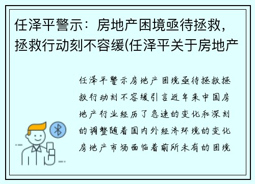 任泽平警示：房地产困境亟待拯救，拯救行动刻不容缓(任泽平关于房地产)